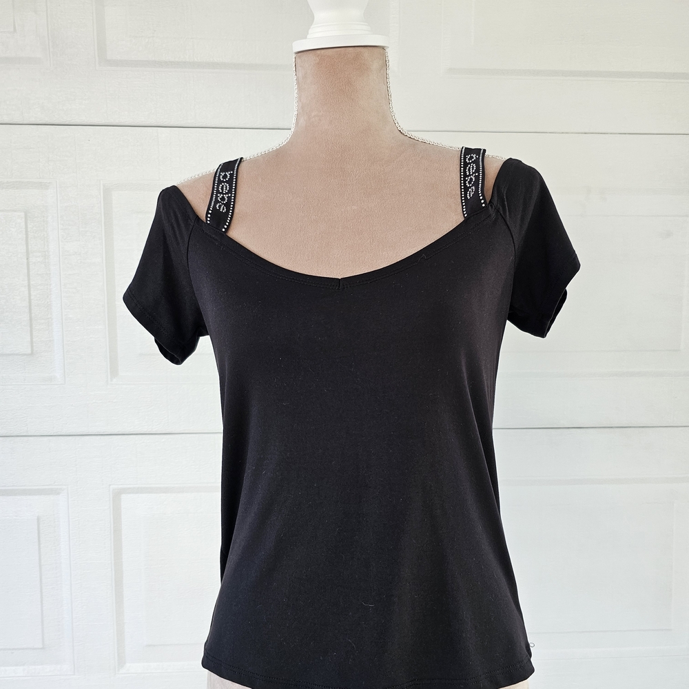 bebe Off-Shoulder Black Tee with Branded Straps